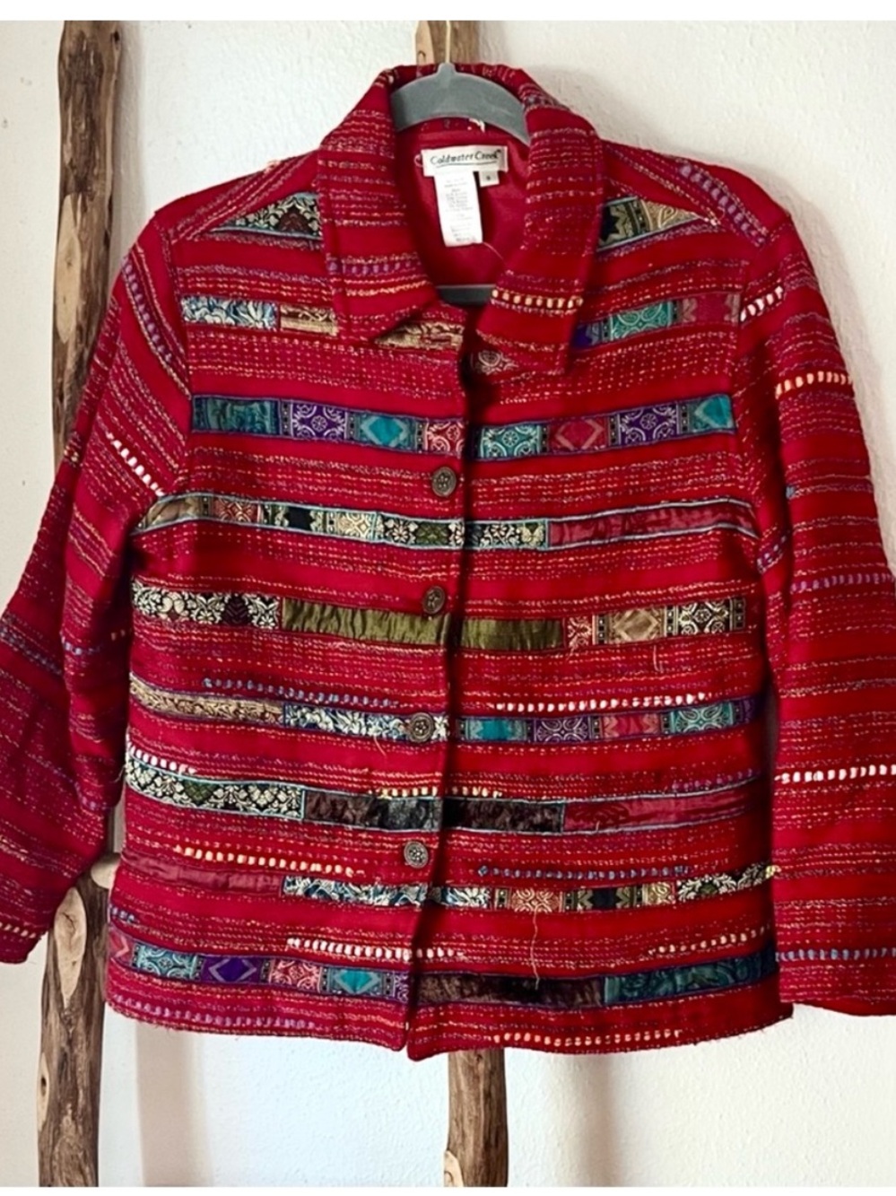 Coldwater Creek Red Multicolor Patchwork Woven Embroidered Blazer Jacket Small